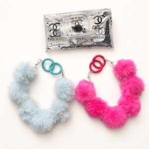 Clear PVC Confetti Coin Pouch & 2 Fox Fur Pom Pom Keychain Bracelets bag Charms